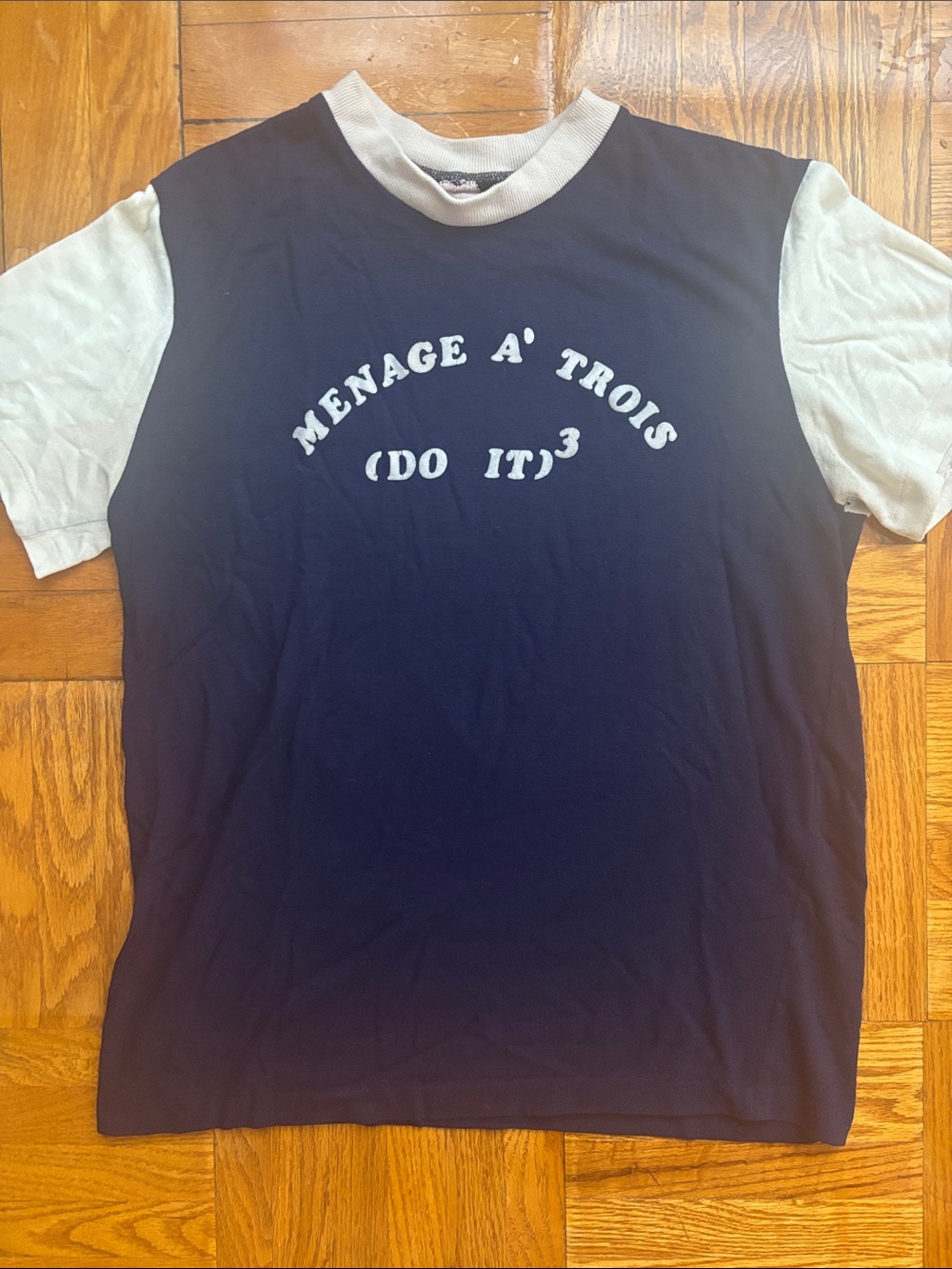 Vintage Menage A' Trois (Do It)³ Ringer Single Stitch T-Shirt Navy Blue | S